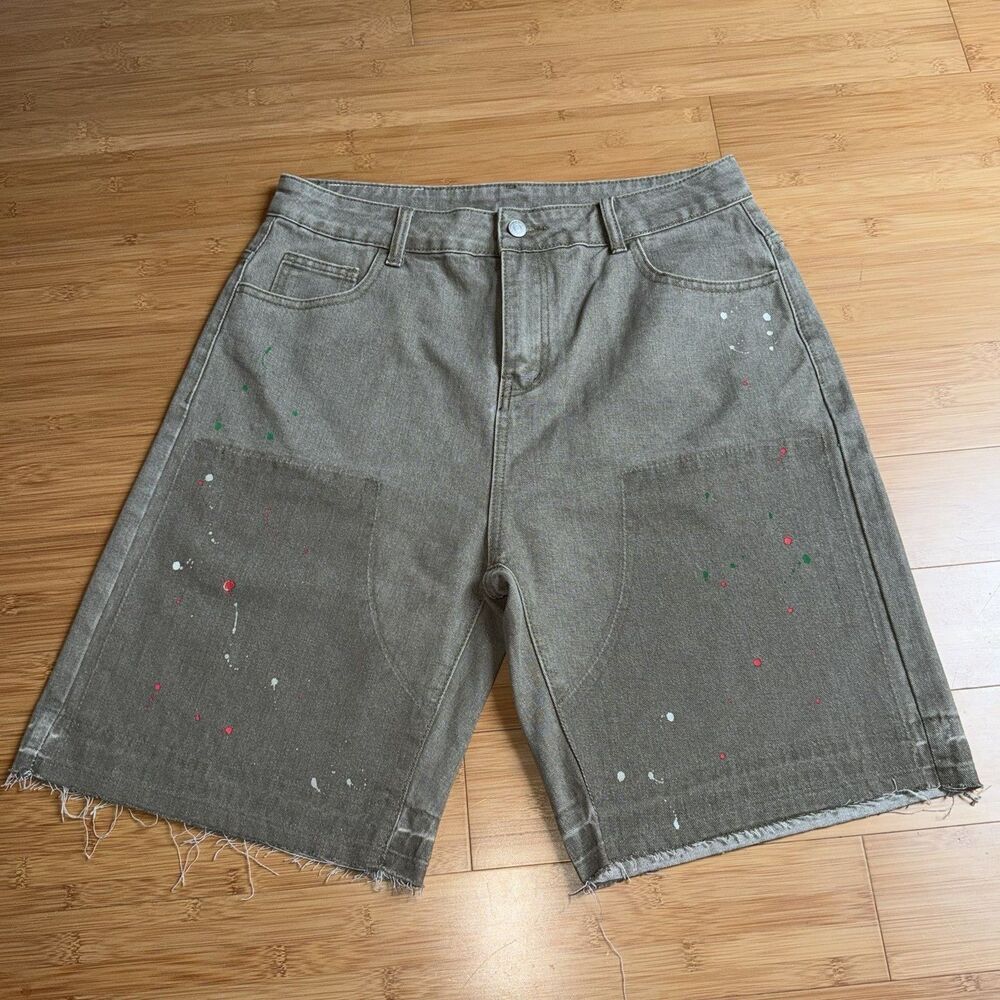 Sumwon Paint Splatter Raw Hem Utility Shorts Olive Green Gorpcore Size M 10”